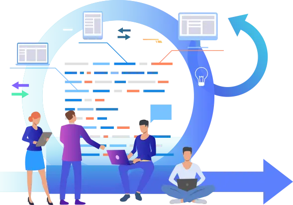 Team collaborating on a project with progress charts and graphs.